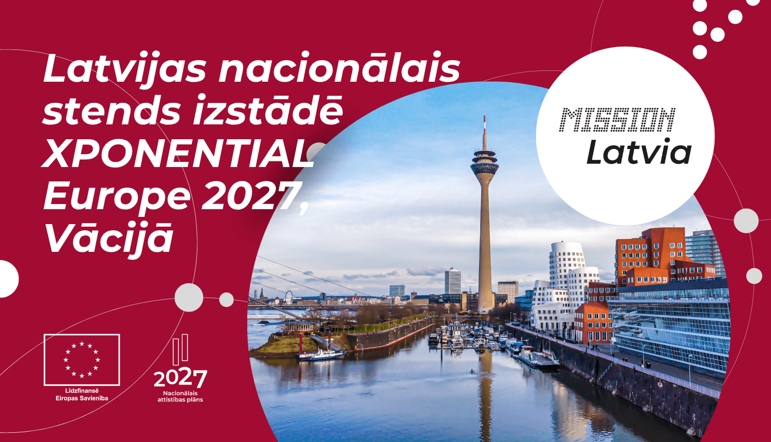 Diseldorfa. Tekstā "Latvijas nacionālais stends izstādē XPONENTIAL Europe 2027, Vācijā"